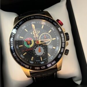 Black and Gold Chronograph Watch with Leather Strap